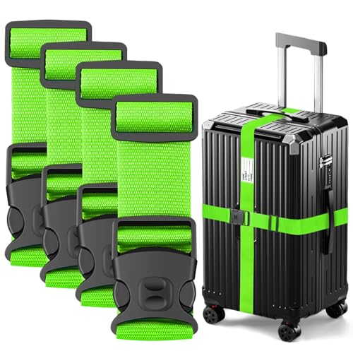 Image of BILIONE Luggage Straps Adjustable Suitcase Belt, Lockable Against Accidental Opening, Easy to Identify Travel Accessories, Add a Bag Connector Holds Suitcase (Energetic Green, 4 Pack)