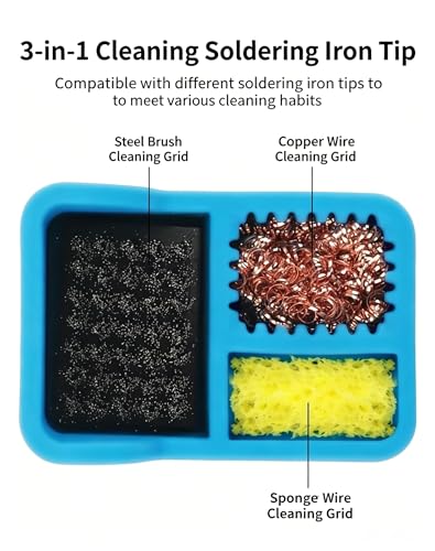 Image of 3-in-1 Soldering Iron Tip Cleaner - Brass Wire, Sponge & Steel Wool Cleaning Station - Desktop Holder for Solder Tip Maintenance, Oxidation Removal & Electronics Repair Tools