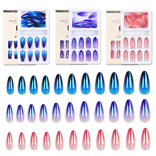 72 Pcs Press on Nails, Fake Nails Glossy Gradient Colorful Short Stiletto Professional Acrylic Nail Tips Set, False Nails Medium Long with Adhesive Tabs Nail File (Purple+Blue+Pink)