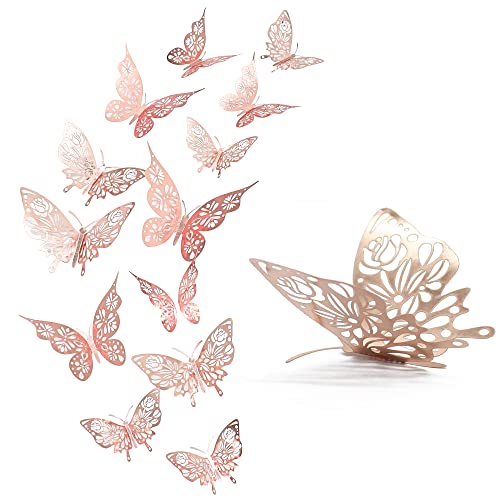 Etiquetas Engomadas Decorativas de la Pared, 24 Piezas 3D Vívidas Calcomanías de Pared de Mariposa, los Murales Adhesivos de Bricolaje para la Fiesta de Bodas y Decoración del Dormitorio (Oro rosa) Cover