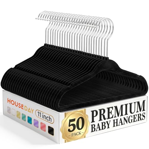 Image of HOUSE DAY 11 Inch Velvet Baby Hangers 50 Pack Black, Premium Kids Hangers for Children/Infant/Toddler Clothes, Durable Non Slip Small Baby Felt Hanger for Closet, Ideal for Everyday Use
