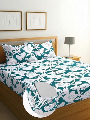 Image of Elastic Fitted Bedsheet with 2 King Size Pillow Covers, Double Bed, All Around Elastic, Floral, 72x78x8 Inches (Green Flower, Double