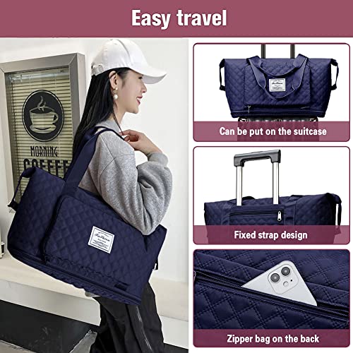 Large Capacity Folding Travel Bag, Folding Travel Bags Lightweight Waterproof Suitcase Carry on Luggage Bags, Foldable Overnight Duffel Bag for Weekender Overnight Sports Gym Bag (Dark blue)4