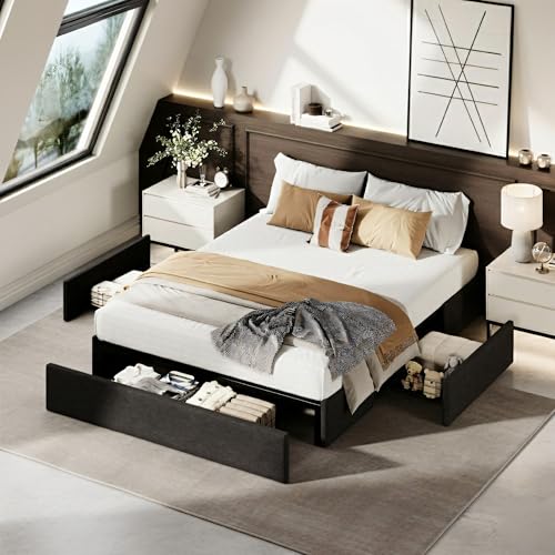 IDEALHOUSE Queen Size Platform Bed Frame with 3 Storage Drawers, Fabric Upholstered Bed Frame...