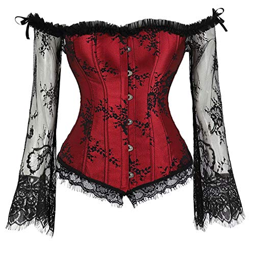 Corset Disfraz Mujer Bustier corsé Manga Larga Encaje para Vestir Sexy gotico Lingerie Elegante Rojo S
