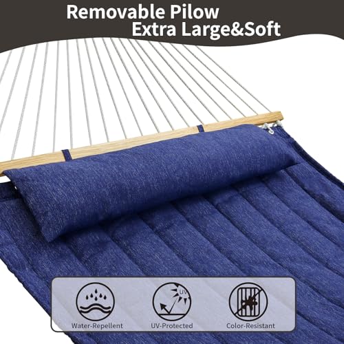 Image of Double Quilted Fabric Hammock with Hardwood Spreader Bars and Pillow 450 LBS Capacity 2 Person Large Hammock for Outdoor Patio Backyard Poolside - Dark Blue