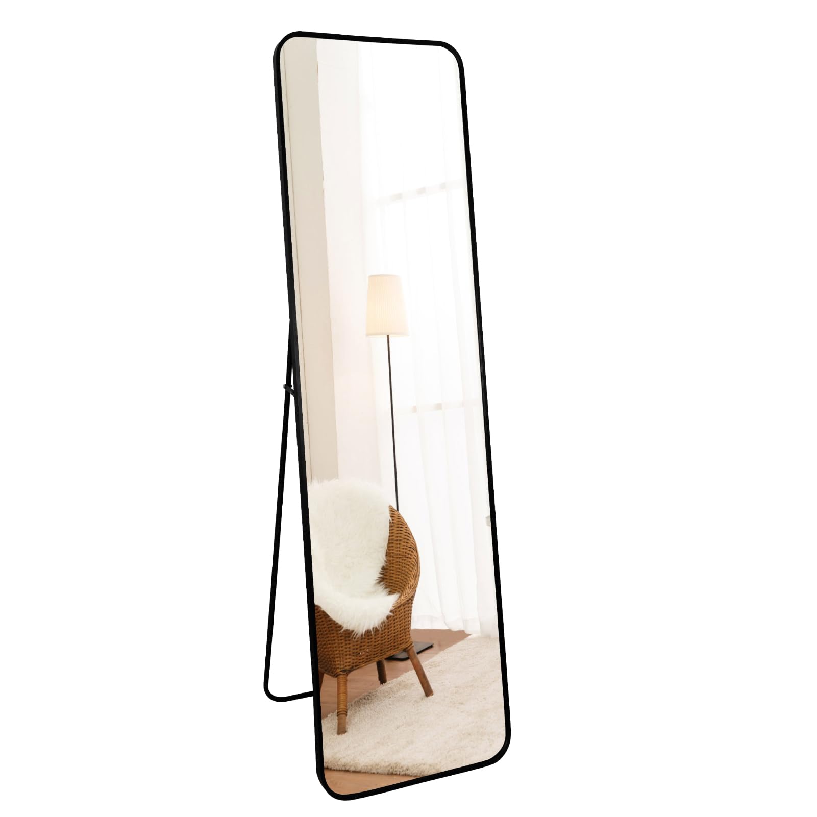 RLAVBL 140 x 40 cm Standspiegel oder Wandspiegel mit schwarzem Aluminiumrahmen, Sicherheits-Temperglas, abgerundete Ecken, für Schlafzimmer, Flur, Wohnzimmer