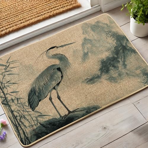 Heron Art - Tapete de puerta de grúa azul y gris para decoración de entrada al aire libre e interior, fibra natural, antideslizante, resistente al agua, absorbe el polvo, tapete de bienvenida, fácil