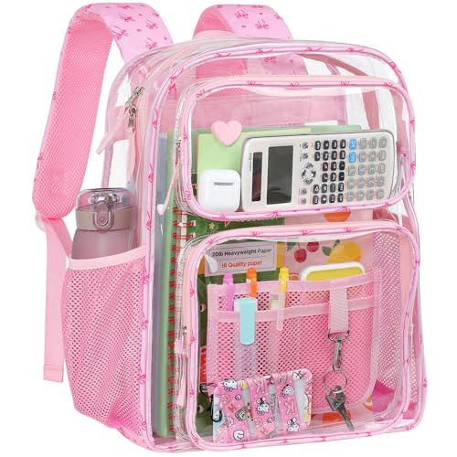 PACKISM Clear Backpack for School - 17 Inch Bow Patterned Bookbag, Pink