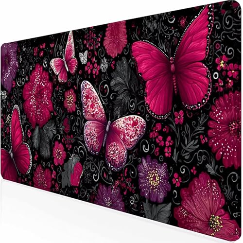 Alfombrilla Ratón XXL 900 x 300 x 3MM Alfombrilla Gaming, Mouse Pad con Base de Goma Antideslizante, Impermeable Mousepad, con Bordes Cosidos, Tapete Rato para Jugadores (Rojo Mariposa) -z1c09523