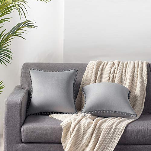 Dezene Decorative Pillow Cases 18X18 Light-Grey: 2 Pack Cozy Soft Pom-Poms Velvet Square Throw Pillow Covers For Farmhouse Home Decor #TOP2
