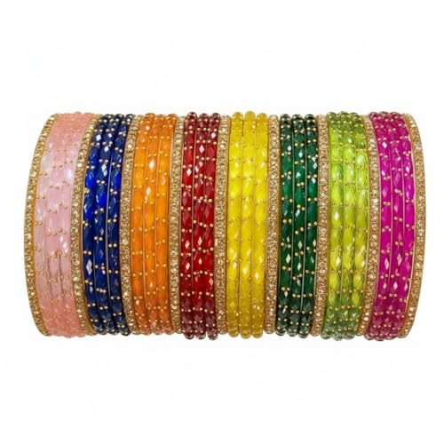 Image of Kashmiri Ghangharoo Glass Bangle Set for Women| Light Weight Bangles | Traditional Transparent Fancy Glass Chudi Set for Wedding, Party.
