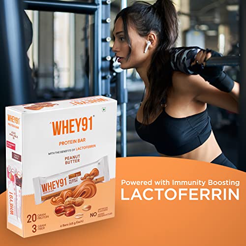 Image of WHEY91 Peanut Butter Protein Bar | 20G Protein & 3G Fibre Per Bar | Immunity Booster Lactoferrin | No Added Preservatives |No Added Sugar |(Pack Of 6 Bars), 390 Gram