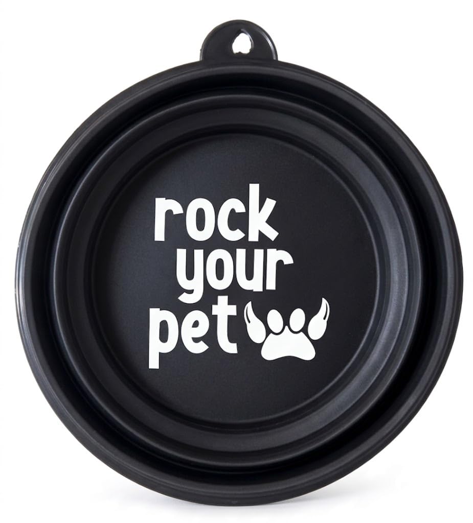 Portable Drinking Bowl for Dogs, Collapsible Silicone Bowl 1 ml with Stainless Steel Ring, Lightweight for Walks and Travel, for Furry Souls Rock & Metal