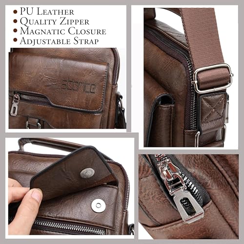 Image of Storite Textured PU Leather Sling Shoulder Bag for Men & Women | 4 Zip Pocket Crossbody Messenger Bag for Office & Travel | Dark Brown | 24.5 x 7 x 20.5cm