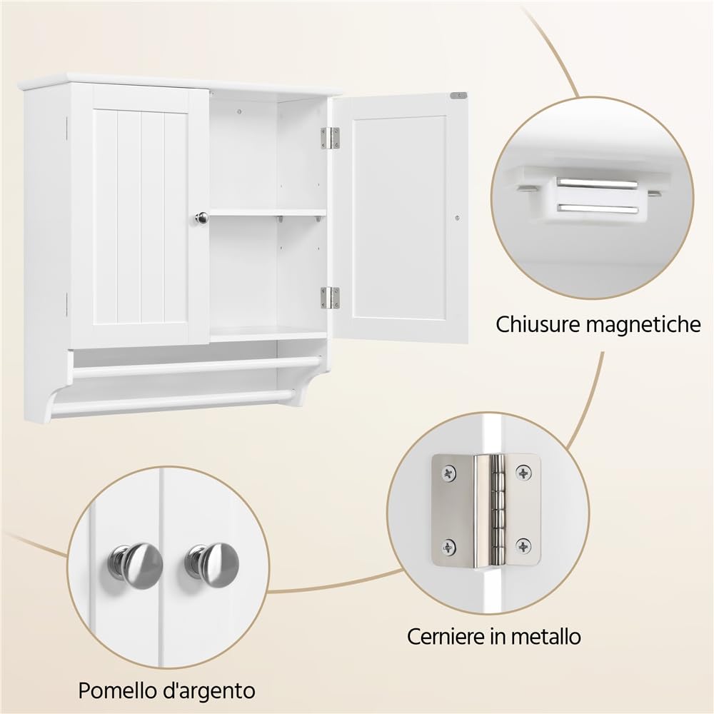 Yaheetech Mobile Bagno da Parete Pensile Sospeso Armadietto Armadio con 2 Ante e Ripiano Regolabile Asta Porta Asciugamani Salvaspazio per Cucina 60,5 x 22,5 x 64 cm Bianco