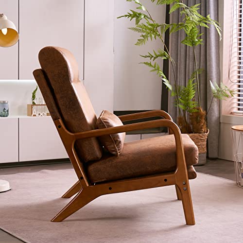 Image of Karl home Accent Chair High Back Mid-Century Modern, Brown | Bronzing Cloth Upholstered, Walnut Color Solid Rubber Wood Frame, Soft Cushion with Pillow, For Living Room, Bedroom, Balcony