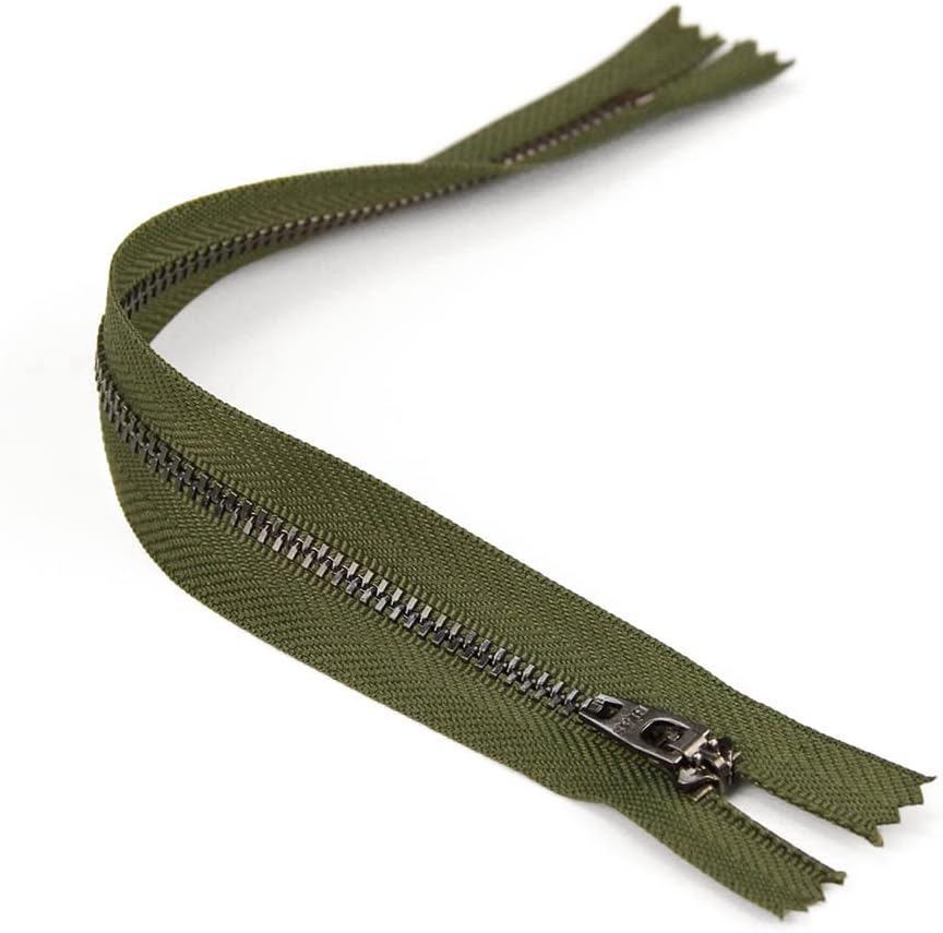 Set of 12 Pants Zippers, 9, Gunmetal Teeth and Dark Drab Green Tape, Bias Bespoke Brand