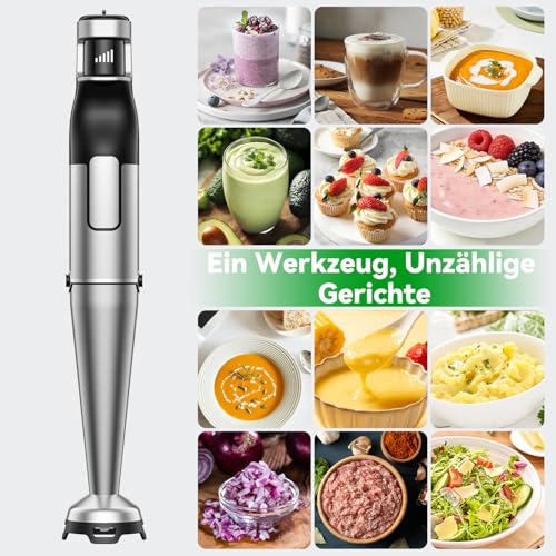BESROY Stabmixer Set 5 in 1, 1100W Pürierstab Elektrisch, Stufenlose Geschwindigkeit, Edelstahl Hand Blender inkl. Zerkleinerer, Schneebesen, Milchaufschäumer & Messbecher, Ideal für Suppen, Smoothies