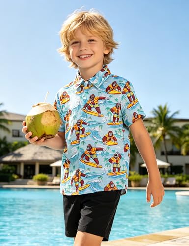 Image of Boys Hawaiian Shirt Kids Button Down Aloha Beach Hawaii Tops 5-14Y | Quick Dry, Breathable, Cooling & Lightweight, For Summer Vacation Holiday, Fourth of July, Youth, Teen, Shark, Dinosaur