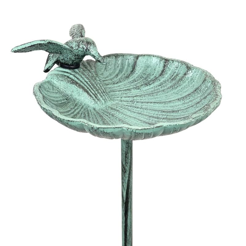 Set de 2 Tuteurs Bain d'oiseaux ou Pics de Jardin 2 Coupelles Façon Bénitier Bain à Oiseau en Fonte Patinée Verte 15x15x100cm