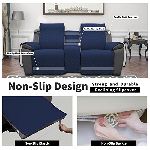 Image of Easy-Going Loveseat Recliner Cover with Console, Reversible Couch Cover for Living Room, Split Sofa Cover for Each Seat with Elastic Straps for Kids, Dogs, Pets(2 Seater, Navy /Ivory)