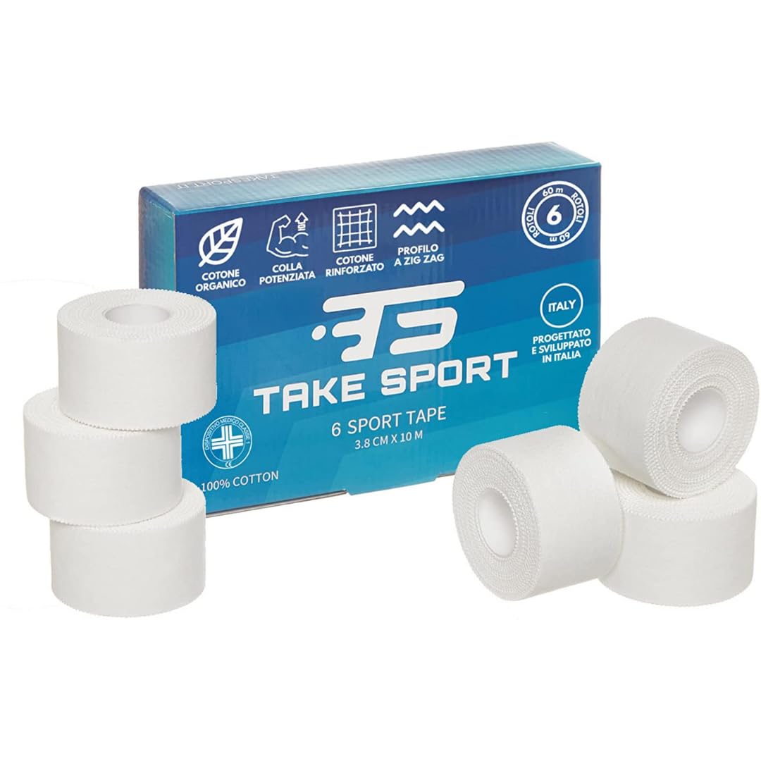 TS TAKE SPORT - Tape sportivo, Nastro fasciature, Nastro Sportivo, Sport Tape, Tape dita crossfit, Nastro bendaggi sportivi 6 pz 3,8cmx10m, Non elastico Bianco cotone (Bianco cotone)