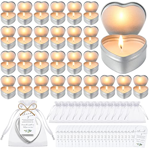 Treela 30 Sets Heart Shaped Unscented Tea Lights Candles Set Include Small Smokeless Tealight Candles Bulk Thank You Tags And 4 X 4.7 Inch White Organza Gift Bags For Wedding Party Favors Decorations #TOP12