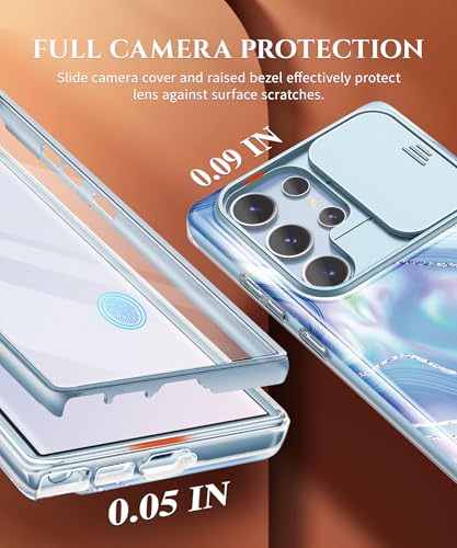 Image of GVIEWIN for Samsung Galaxy S23 Ultra Case, [Slide Camera Cover & Built-in Screen Protector] [2 Front Frames] Shockproof Military Grade Protective Marble Phone Case for S23 Ultra 6.8 inch (Aurora)