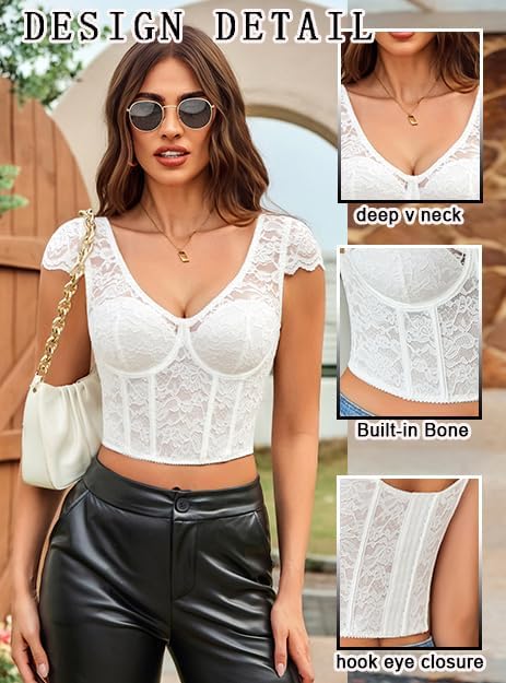 Avidlove Corset Tops for Women Floral Lace Bustier Cap Sleeve Crop Top Sexy V Neck Going Out Outfit with Buckle - Image 3