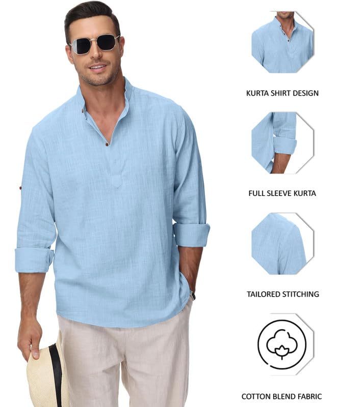 Image of Macsivo Men's Cotton Blend Solid Short Kurta with Regular Lenth Mandarin Collar Short Button Placket Rolled up and Full Sleeves Kurta for Men
