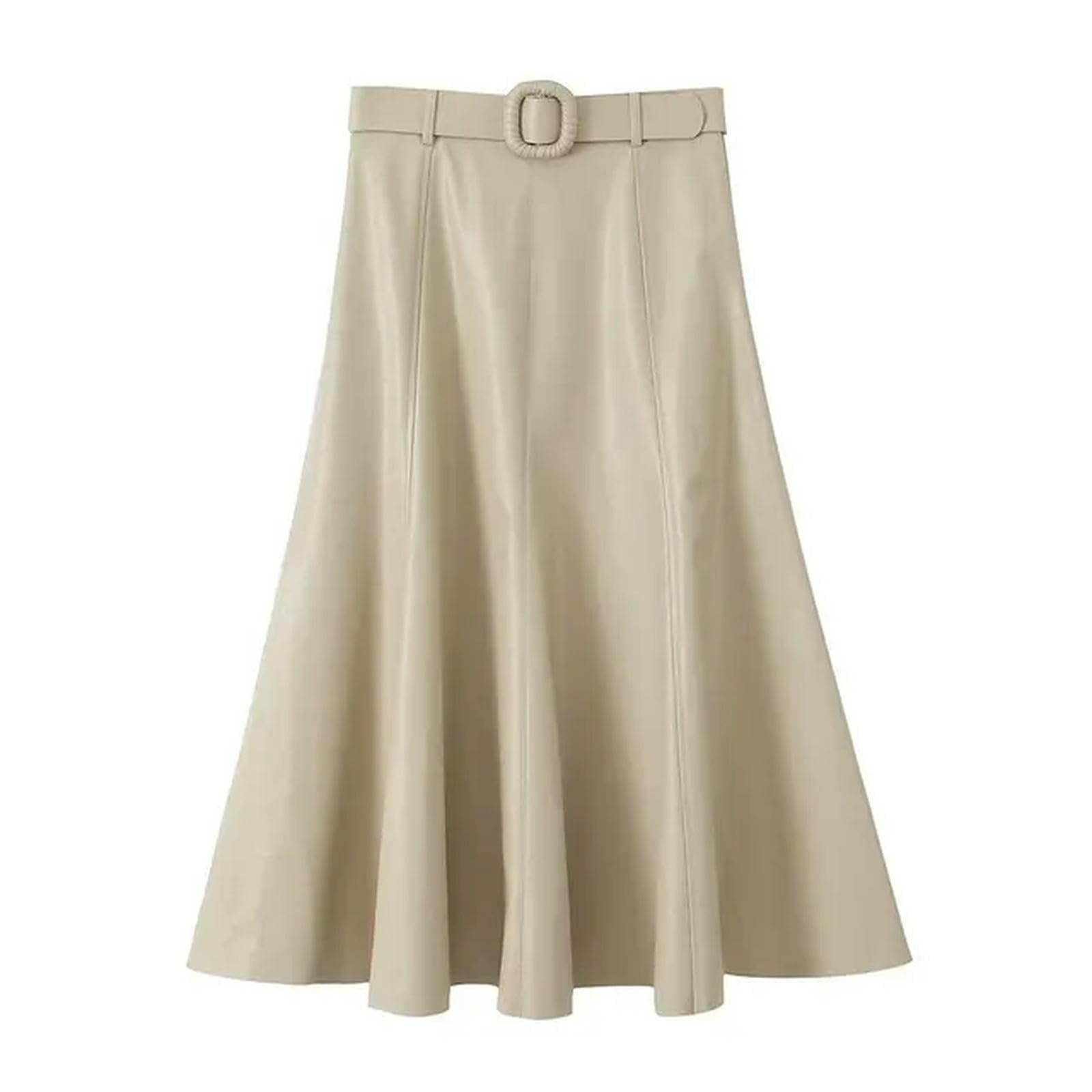 Falda Larga de PU Liso para Mujer, Talle Alto con cinturón, Corte en A, otoño-KH-L