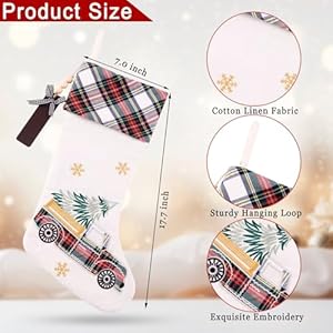 Festive Embroidered Linen Christmas Stocking 1 Pack with Red Green Checkered Truck Christmas Tree and Snowflake Design Perfect for Kids Family and Xmas Fireplace Decorations