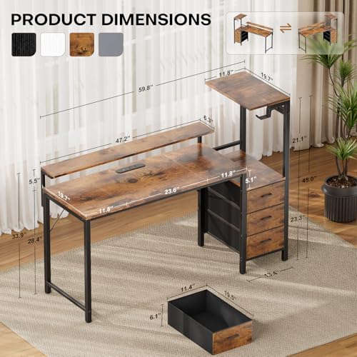 Image of HLDIRECT 60 inch Gaming Desk with 3 Fabric Drawers & Side Hooks-Reversible Home Office Computer Desk with Power Outlets & Led Lights, Gamer Desk Table with Monitor Stand, Rustic Brown
