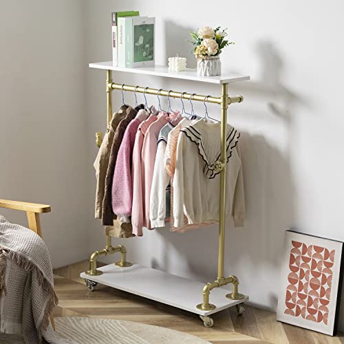 Child Clothes Rack, Kids Garment Rack Dress-Up Closet, Rolling Pipe Open Clothing Rack With Storage Shelf, Industrial Wood Metal Clothes Organizer (Two Tiers One Hanging Rod Kids Garment Rack) #TOP6