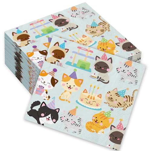 SUNCN キャットパーティーナプキン 100枚 5 x 5インチ 使い捨て キティ カクテル ペーパーナプキン カラフル 子猫 飲料 誕生日 ダイニング ドリンク テーブル 装飾用品