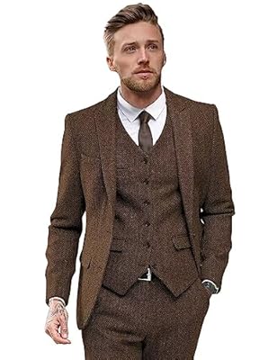 3 Piece Suit Brown Herringbone Tweed Suit for Men Slim Fit Dress Suits Groomsmen Suit for Wedding XS