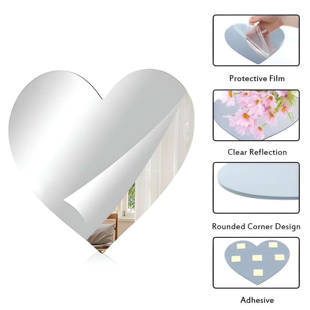 Specchio da Parete in Acrilico a Forma di Cuore, Grazioso Specchio Decorativo Senza Cornice, Autoadesivo Infrangibile e Facile da Installare(76x65cm-29.9x25.5in)