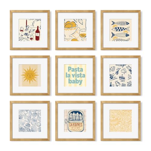 YESKAY 12x12 Picture Frame Set of 9 Photo Gallery Wall Frame Set Display Pictures 8x8 with Mat or 12 x 12 Without Mat Square Frame Picture Frames Collage Wall Decor Natural Oak