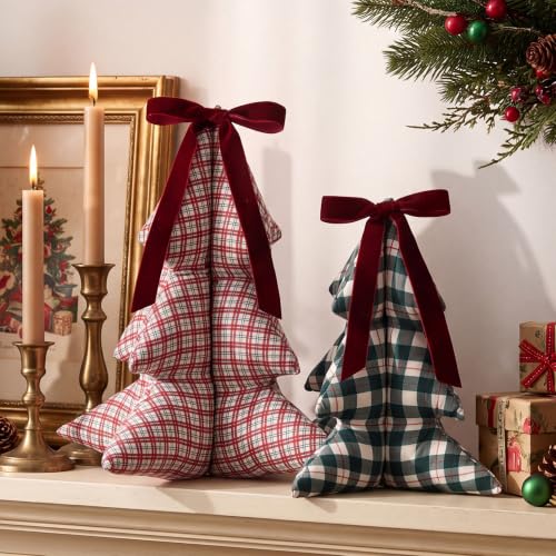 Pinkunn 2 Pcs Stuffed Fabric Christmas Tree with Bow Decor Red Green Plaid