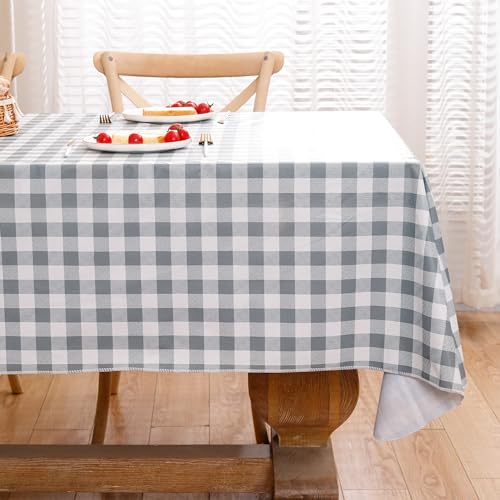 Image of Heavy Duty Vinyl Tablecloth with Flannel Backing Waterproof Oil-Proof Plastic Table Cloth Stain-Resistant Wipeable Rectangle or Square Table Cover for Indoor and Outdoor (Grey Checkered, 60x84 Inch)