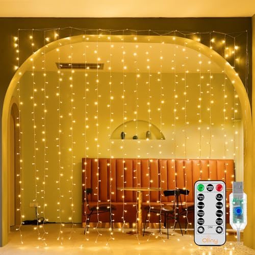 Ollny Curtain Lights 9.8ftx9.8ft, 300LED Fairy Light with Remote Warm White