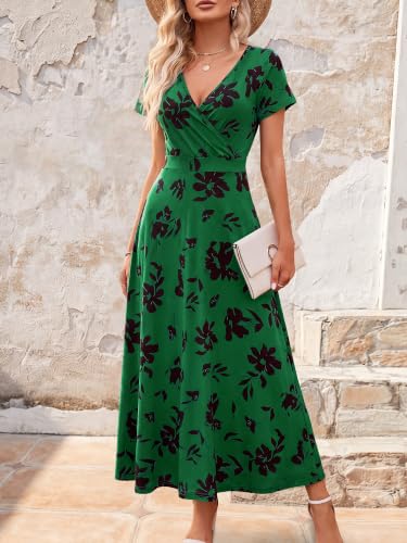 Image of HUHOT Women's Short Sleeve Wrap V Neck Dresses for Wedding Guest Summer Floral Maxi Sundresses with Pockets Boho Dress