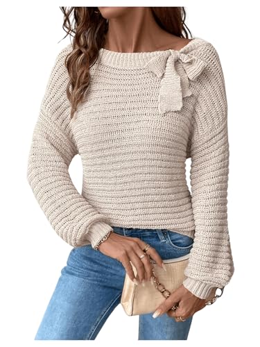 Image of MakeMeChic Women's Bow Sweaters Off The Shoulder Long Sleeve Knitted Pullovers Top Apricot Small