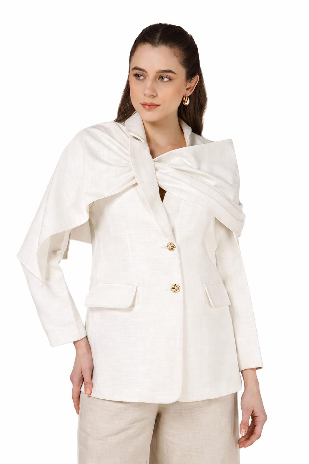 b77 Alex Tailored Blazer in Ivory, Women's Structured Jacket with Gold Button Detail and Draped Scarf Collar-picture-34