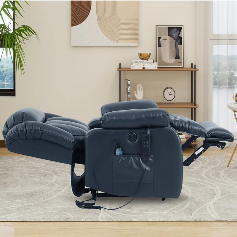 Image of Recliner Sofa 1 Seater Power Lift Recliner Chair with Lay Flat Assist Breathable Leather Dual Motor Lay Flat Power for The Elderly Color Blue