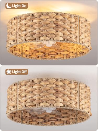 Image of 19 inch Boho Handwoven Rattan Ceiling Fan with Light Flush Mount Low Profile