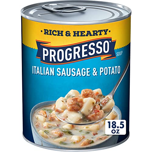 Image of Progresso Rich & Hearty Italian Sausage & Potato Soup, Gluten-Free, 18.5 oz | Cooked Italian sausage, potatoes, onions & spinach in chicken broth, 170 calories per 1-cup serving, No artificial flavors