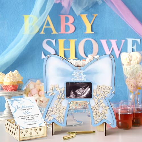 Image of Wenqik 63 Pcs Coquette Blue Bow Baby Shower Guest Book Alternatives Set Baby Shower Decorations with Photo Frame Sonogram Frame Keepsake 60 Wood Slices Guest Book for Birthday