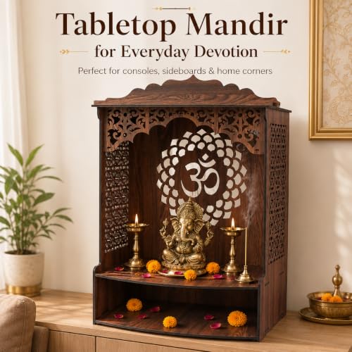 Image of The Castle Decor Wooden Mandir for Home, Wall Hanging & Tabletop Pooja Temple with Om Cutwork Back Panel, Jali Side Panels, Open Storage Shelf, Pooja Room, Office, Hostel, 10x22.2x18 Inch